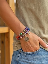 economico Bracciale da donna-Set di braccialetti da donna bohémien a strati con perline di pietra naturale, albero della vita e ciondoli a forma di foglia, gioielli da polso impilabili multicolore in 2 pezzi per l'uso quotidiano,
