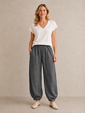 abordables Collection de Lin en Premium-Pantalon bloomer en lin pour femme, taille mi-haute, longueur cheville, poche, ceinture élastique, idéal pour les vacances