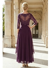 cheap Ankle Length-A-Line Ankle Length Party Dress Cocktail Dress Wedding Guest Dress Mother of the Bride Dress 3/4 Length Sleeve Jewel Neck Elegant Plus Size Wedding Guest Wedding Party Chiffon Lace with Ruched Sequin