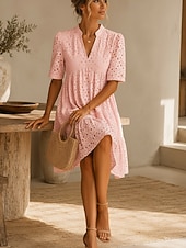 economico Vestito Semplice-Per donna Abito al ginocchio Abito ritagliato Elegante Quotidiano Vestibilità comoda Colore Puro Manica Corta Scollo a V Blu chiaro Nero Bianco Rosa Estate