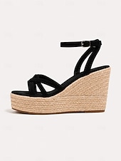abordables Sandalias de cuña-Sandalias de cuña tipo alpargata para mujer, sandalias de plataforma con tiras y hebilla en el tobillo, zapatos bohemios de verano para la playa, cruceros y vestidos.
