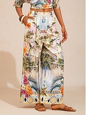 abordables Pantalons-pantalon large en satin à motif floral pastel