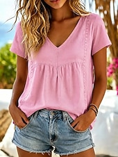 abordables Camisas-Mujer Camisa Camisas de algodón y lino Color sólido Plano Bohemia Vacaciones Vintage Sin Mangas Escote en Pico Tops regulares Casual Azul Piscina Blanco Amarillo Rosa Verano Primavera