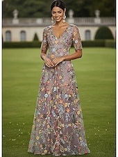 abordables Largo del piso-Corte A Vestidos Hasta el Suelo Vestido de Fiesta Vestido Cóctel Vestido de Madrina Media Manga Escote Elegante Vintage Lujoso Formal Invitado a la boda El derby de Kentucky Tul con Estampado flor