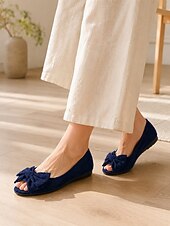 abordables Ballerines femme-Ballerines confortables à bout ouvert pour femmes, chaussures plates en faux daim avec nœud, idéales pour le travail décontracté, les voyages et les promenades quotidiennes.