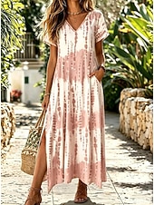 preiswerte Blumenkleider-Damen Maxikleid A Linie Kleid Lässig Täglich Ferien Date Normale Passform Grafik Abstrakt Kurzarm V Ausschnitt Blau Rosa Grün Sommer Frühling