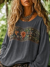 tanie Koszule-Damskie Koszula Koszule lniane Koszula Boho Bluzka Haft Kwiaty Codzienny Boho Długi rękaw W serek Zwykłe topy Codzienny Święto Czarny Fuksja Pomarańczowy Morelowy Szary Lato