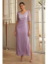 cheap Polished Edit-Women's Sheath Column Cocktail Dress Wedding Guest Dress Ankle Length V Neck Half Sleeve Illusion Sleeve Elegant Mother Of The Bride Semi Formal with Chiffon 3D Floral Mesh Slit Side Draping Lavender