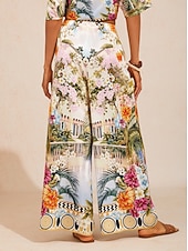abordables Pantalons-pantalon large en satin à motif floral pastel