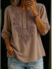 cheap Plain Blouses-Women's Shirt Eyelet Top Boho Shirt Lace Shirt Lace Embroidered Elegant Bohemia Vacation 3/4 Length Sleeve Long Tops Casual Blue White Yellow Orange Brown Summer Spring