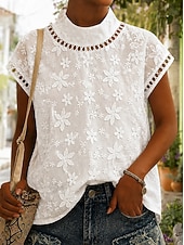 economico Top in Pizzo-Per donna Blusa Top in pizzo Pizzo Ricamato Traforato Floreale Elegante Manica Corta Collo alla coreana Top Regolari Casuale Quotidiano Ferie Bianco Estate Primavera