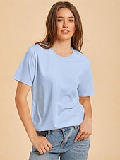 cheap Plain tee-Women's T Shirt Cotton Shirt Tee Top Solid Color Fashion Stylish Basic Short Sleeve Crew Neck Regular Tops Casual Daily Going out Blue Khaki Black White Yellow Summer Spring