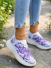baratos Ténis de mulher-Tênis slip-on feminino roxo vibrante com estampa de borboletas - calçado esportivo leve com plataforma e detalhes em strass. &amp;Tênis casual de malha respirável, ideal para caminhadas leves e passeios
