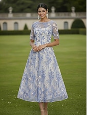 abordables Longueur de cheville-Ligne A Robe Longueur cheville Longueur thé Robe en Dentelle Robe de Cocktail Robe de Mère de Mariée  Manche Courte Demi Manches Col Bateau Élégant ancien Luxueux robe demoiselle d honneur Semi-Formel
