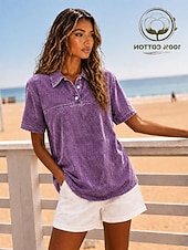  Per donna Maglia Henley Lavaggio acido Lavaggio vintage Tinta unica Elegante Vintage Moda Manica Corta Colletto a Camicia Top lunghi Casuale Spiaggia Blu Viola Verde Estate Primavera