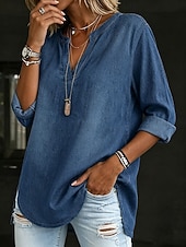  Women's Shirt Blouse denim-look Pullover Solid Color Elegant Vintage Daily 3/4 Length Sleeve V Neck Regular Tops Casual Dark Blue Spring