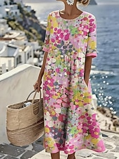 Women's Midi Dress Sundress A Line Dress Summer Dress Fit And Flare Dress Vacation Party Casual Daily Office Beach Loose Fit Graphic Half Sleeve Crew Neck Blue Yellow Pink Brown Summer Spring Fall