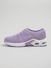 ieftine Adidași de Damă-Teniși sport slip-on pentru femei, tricotați cu strasuri mov – pantofi sport respirabili cu pernă de aer și talpă ușoară care absoarbe șocurile, pentru călătorii, fitness și confort de zi cu zi