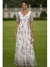 economico Lunghezza del pavimento-Linea ad A Abito Lunghezza al pavimento Vestito maxi Vestito da Festa Abito da Cocktail Abito da cerimonia per signora Manica Corta Scollo a V Elegante Vintage Lussuoso Formale Ospite di nozze Derby