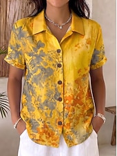 cheap Floral Blouses-Women's Shirt Buttons Print Floral Graphic Daily Stylish Casual Short Sleeve Shirt Collar Long Tops Casual Daily Blue Yellow Pink Summer Spring
