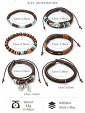 abordables Joyas para hombres-Conjunto de 6 pulseras boho de capas para hombre, con cuentas de madera. &amp;Pulseras de aleación con dije de cabeza de toro y pluma, joyería de estilo occidental para uso casual, viajes, festivales,