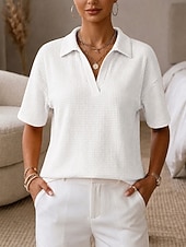  Mulheres Camiseta Camisas Polo Camisetas Tops de tricô waffle Tecido Moda à moda Básico Manga Curta Colarinho de Camisa Tops regulares Casual Diário Para Noite Azul Preto Branco Azul Céu Laranja