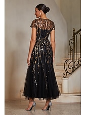  Women's Mermaid Trumpet Cocktail Dress Wedding Guest Dress Ankle Length Crew Neck Short Sleeve Illusion Sleeve High Waist Elegant Vintage 1980s Mother Of The Bride Party Semi Formal with Mesh Tulle