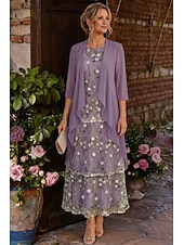 ieftine Seturi de rochii pentru mama-Două Piese Linia -A Lungime Gleznă Rochie Mama Miresei Lungime Manșon 3/4 Stil Nautic Elegant Simplu Luxos Oficial Invitat la nunta Șifon Dantelă Rochii jacheta cu Volane Straturi Broderie