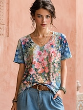  Women's Boho T-shirt Summer Tops Floral Graphic Plants Elegant Bohemia Vintage Short Sleeve V Neck Regular Tops Casual Daily Sports Blue Pink Red Summer Spring