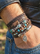 abordables Joyas para hombres-Conjunto de 6 pulseras boho de capas para hombre, con cuentas de madera. &amp;Pulseras de aleación con dije de cabeza de toro y pluma, joyería de estilo occidental para uso casual, viajes, festivales,