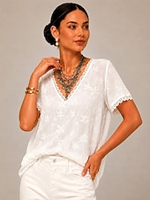 preiswerte Spitzenoberteile-Damen Hemd Einfarbig Ombre Blumen Elegant Bohemien Urlaub Kurzarm V Ausschnitt Lange Oberteile Lässig Weiß Sommer Frühling