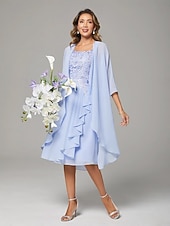 economico Set di abiti per la mamma-Due Pezzi Linea ad A Lunghezza al ginocchio Abito da invitata a nozze Abito da cerimonia per signora Senza Maniche Collo a U Elegante Ospite di nozze Ricevimento di matrimonio Chiffon Pizzo Abiti con