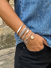 tanie Bransoletka damska-Zestaw damskich bransoletek w kolorze złota i srebra w stylu boho z warstwowymi otwartymi bransoletkami, bransoletki ze stopu metali, wieloczęściowa biżuteria letnia do noszenia na co dzień, na