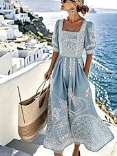  Femmes Robe Midi Robe Décontractée Robe trapèze Élégant Vacances Plage Fête Coupe régulière Fleuri Graphique Manche Courte Col carré Bleu Ciel Violet Bleu de minuit Été Printemps