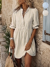 abordables Robe Boho-Femmes Robe Longueur Genou Robe trapèze Élégant Quotidien Coupe régulière Rayé Demi Manches Col montant Bleu Kaki Été Automne