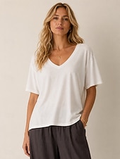  T-shirt da donna con scollo a U in cotone lyocell e canapa