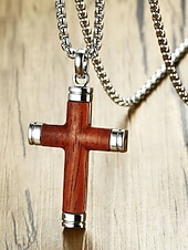 baratos Jóias Masculinas-Colar masculino com pingente de cruz em madeira e liga metálica, corrente em aço inoxidável, joia religiosa, presente para homens maduros, ideal para uso casual no verão, viagens e dia a dia.
