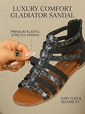 baratos Sandálias Gladiador-Sandálias gladiadoras pretas femininas – sandálias rasteiras confortáveis com tiras elásticas, fecho de zíper na parte de trás, palmilha acolchoada e sola antiderrapante, ideais para viagens, férias e