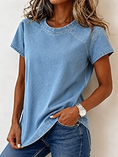 economico T-shirt semplice-Per donna Blusa con texture Patchwork Vintage Moda stile punk Western Manica Corta Girocollo Top Regolari Casuale Blu Estate Primavera