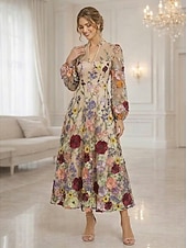 voordelige Enkel Lengte-A-lijn Tot de enkel Kanten jurk Moeder van de bruid jurk Lange mouw V-hals Elegant Vintage Luxueus Formeel Bruiloft gast Bruiloft Kant Tule met 3D-bloemen Borduurwerk Bloem