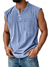  Canotta vintage da uomo, 100% cotone, lavaggio acido, canottiera, maglietta senza maniche, senza maniche, henley, estate, tinta unita, stilista, basic, tasche, bottoni, vacanza, strada, maglietta nera per uomo