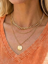 voordelige Dames ketting-Damesketting met ronde schijfhanger in goud-zilveren lagen, minimalistische meerlaagse ketting van legering, elegante ketting voor elke dag, geschikt voor vakantie, werk, feestjes en als cadeau.