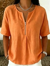  Mulheres Camisa Social Blusa Zíper Côr Sólida Elegante Férias Moda Manga Curta Colarinho de Camisa Tops regulares Casual Azul cor laranja Preto Rosa Vermelho Verão Primavera