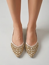economico Ballerine da donna-Women's Sparkly Gold Crystal Pointed Toe Pumps - Elegant Rhinestone Low Chunky Heel Dress Shoes for Cocktail Party, Evening Dinner &amp; Wedding Guest