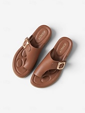cheap Comfort Sandals-Women's Brown Buckle Comfort Slide Sandals – Cushioned Footbed Slippers, Open Toe Casual Summer Walking Sandals with Arch Support for All-Day Comfort, Travel, Vacation and Daily Wear