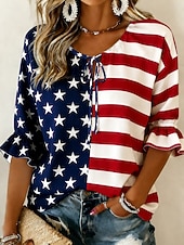 Dia da Independência Americana Mulheres Blusa Botões Imprimir Gráfico Bandeira americana Vintage Diário à moda Meia Manga Gola Redonda Tops regulares Casual Diário Azul Branco Vermelho Azul Real