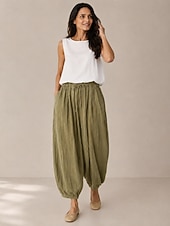baratos Coleção de Linho Premium-Calça lanterna feminina de linho orgânico com cintura elástica e bolsos.