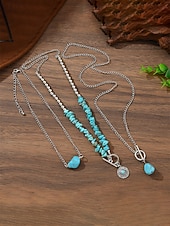 abordables Collar de mujer-Conjunto de collar de turquesa en capas para mujer, joyería boho de piedra natural con cadena de aleación de plata, regalo de moda de verano para mujeres maduras, playa, resort, fiesta en el jardín,
