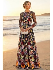 preiswerte Bodenlänge-A-Linie Kleid Bodenlang Brautmutterkleid Langarm Rundhalsausschnitt Elegant Vintage Einfach Formell Hochzeitsgast Semi-Formal Spitze Tüll mit 3D-Blumen Stickerei Applikationen