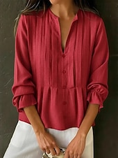  Mulheres Camisa Social Blusa Franzido Côr Sólida Tecido Elegante Moda Diário Manga Longa Sino Decote V Tops longos Casual Diário Vermelho Azul Céu Caqui Verão Primavera